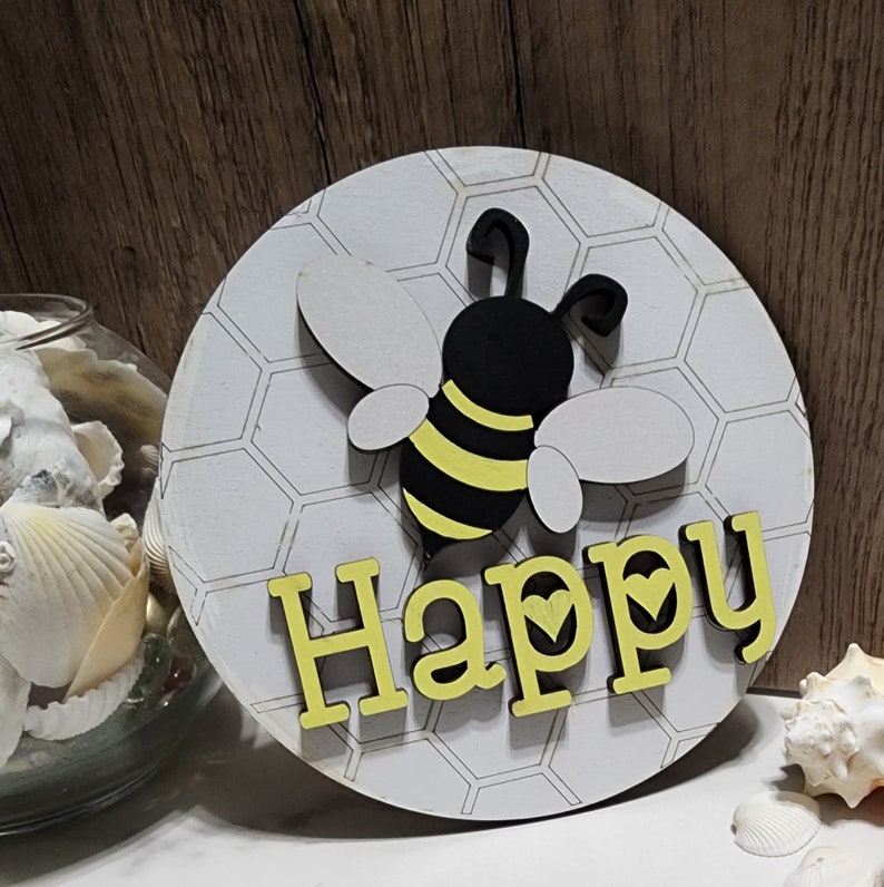 BEE Happy Theme Round INSERT ONLY 6 Home Decor, Baby Shower sign, fits in Interchangable frame, Yellow and Black with White image 2