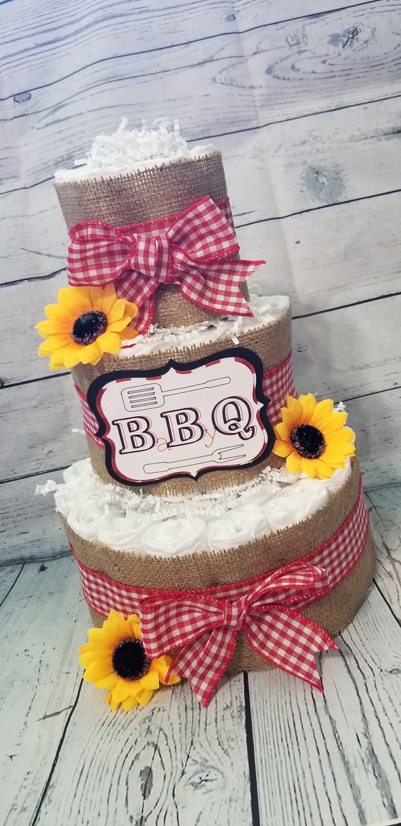 BBQ Baby Q Diaper Cake - Burlap and Pink Blue Yellow Red Checker Diaper Cake - 3 Tier Diaper Cake - Fall Theme Baby Shower Centerpiece
