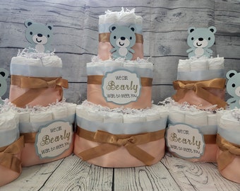 3 Tier Diaper Cake 5 piece set - Teddy Bear Pink White Brown Blue Gold Peach Diaper Cake for Baby Shower - We Can Bearly Wait to Meet You