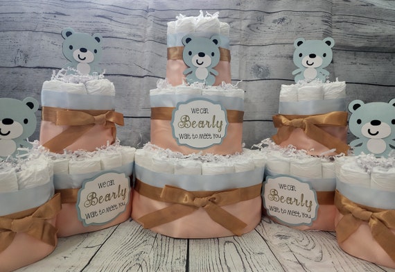 3 Tier Diaper Cake 5 piece set - Teddy Bear Pink White Brown Blue Gold Peach Diaper Cake for Baby Shower - We Can Bearly Wait to Meet You