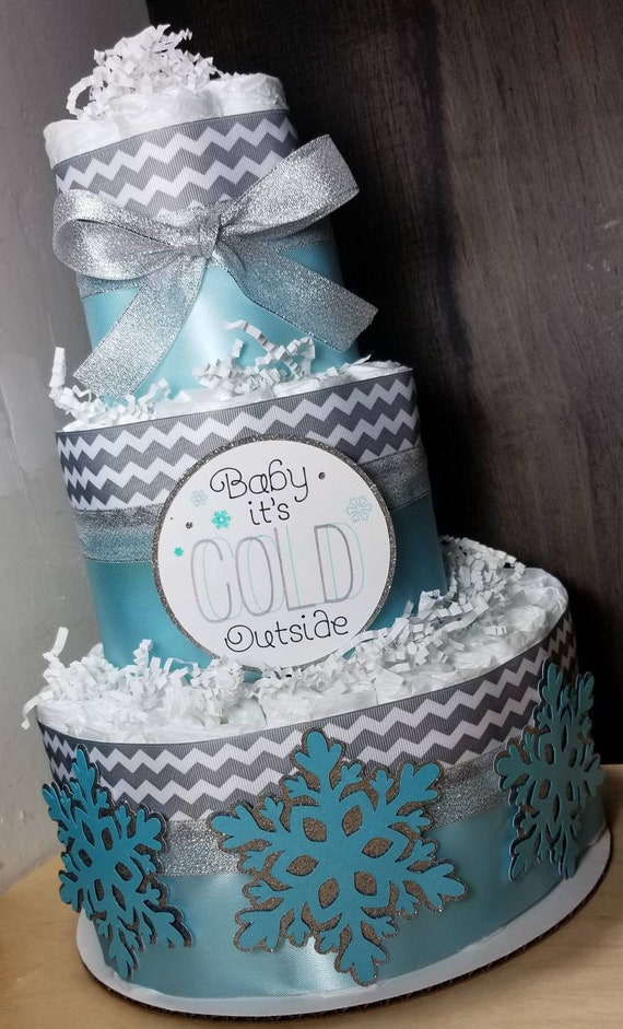 3 Tier Diaper Cake - Baby it's Cold Outside Theme Pink Red Blue Silver Snowflakes Winter Theme Baby Shower Centerpiece / Winter Diaper Cake