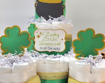 3 Tier Diaper Cake and mini 3 piece set -  A Lucky Little Shamrock is on the Way! Theme - Green and Gold Baby Shower Centerpiece