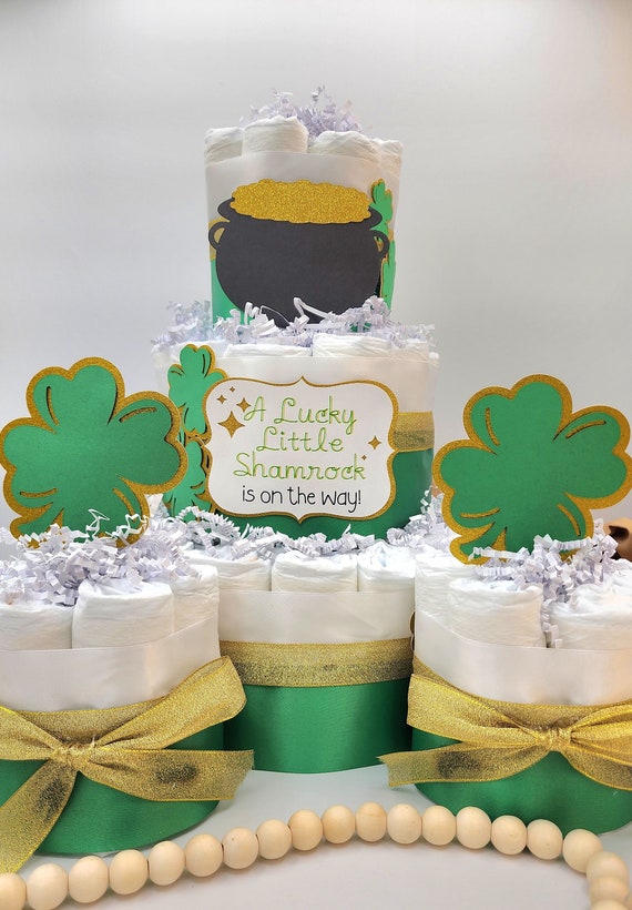 3 Tier Diaper Cake and mini 3 piece set -  A Lucky Little Shamrock is on the Way! Theme - Green and Gold Baby Shower Centerpiece