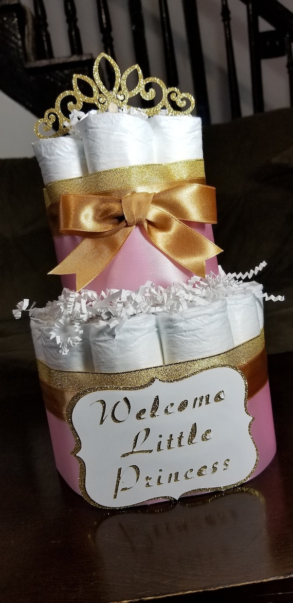 2 Tier Diaper Cake - Custom Purple Red Pink and Gold Princess Theme Diaper Cake for Baby Shower Center / Girl Diaper Cake /Personalized Gift