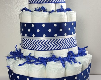 3 Tier Diaper Cake Boy and Girl Baby Shower Centerpiece Blue, Pink and White Polka Dot and Chevron - Total of 50 Diapers Classic Shower