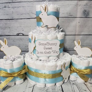 3 Tier Diaper Cake and mini 3 piece set - Some Bunny Sweet is on their way Theme - Blue White and Gold Bunny Baby Shower Centerpiece