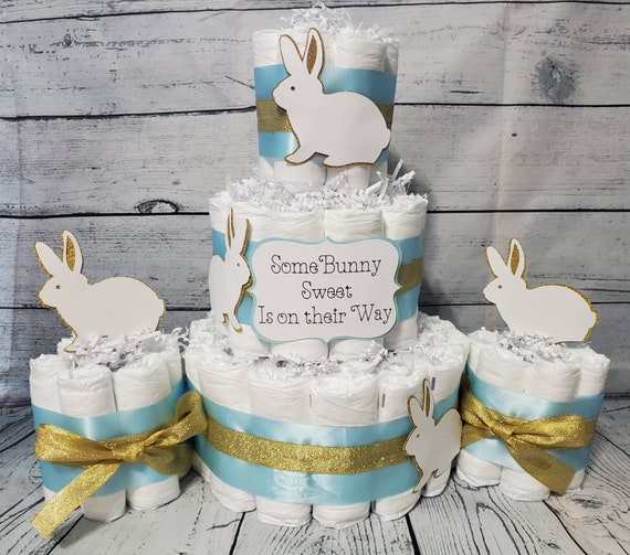 3 Tier Diaper Cake and mini 3 piece set - Some Bunny Sweet is on their way Theme - Blue White and Gold Bunny Baby Shower Centerpiece