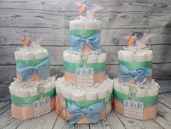 3 Tier Diaper Cake 3 piece set - Dinosaur Theme - Blue and Green Peach Dino Baby Shower Centerpiece Virtual Baby Shower RAWR Means Love