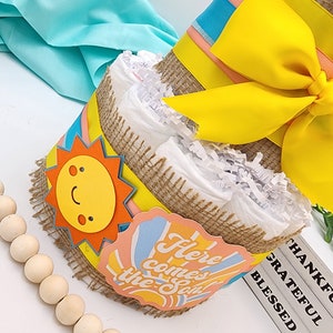2 Tier Diaper Cake Here Comes the Son Theme Turquoise Coral Yellow and Burlap with Sunshine Summer Fun Baby Shower Centerpiece image 3