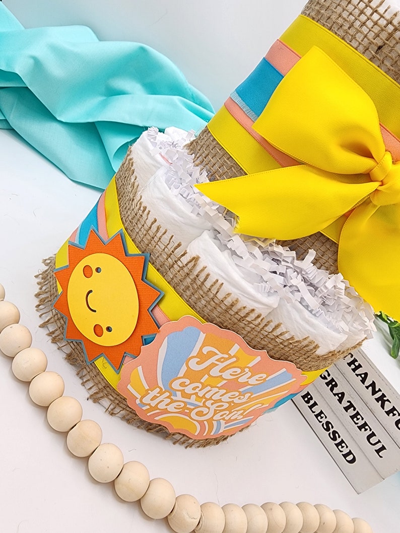 2 Tier Diaper Cake Here Comes the Son Theme Turquoise Coral Yellow and Burlap with Sunshine Summer Fun Baby Shower Centerpiece image 3