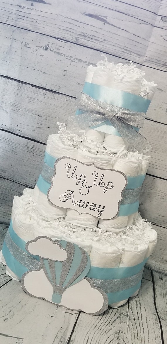 3 Tier Diaper Cake - Hot Air Balloon Diaper Cake Baby Boy Blue, Pink, Mint Green, Silver Gold Up Up and Away Baby Shower / Blue Diaper Cake