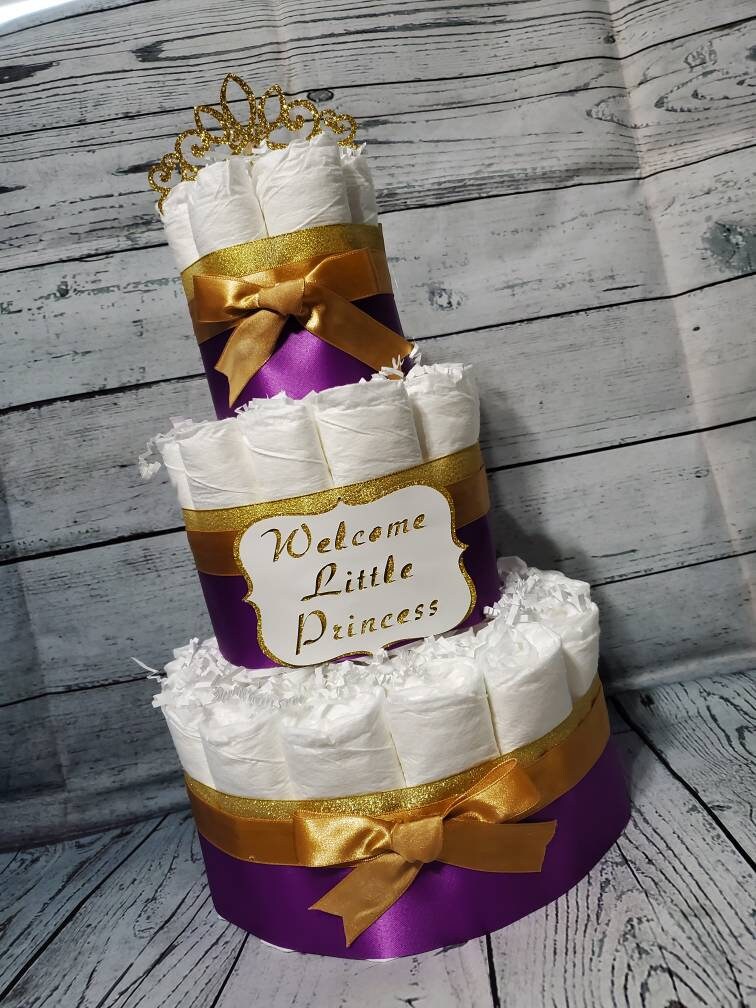 purple and gold diaper cake