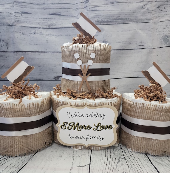 2 Tier Diaper Cake and mini 3 piece set - S'More Love Theme - Chocolate Brown Marshmallow Smore with Burlap Campfire Baby Shower Centerpiece