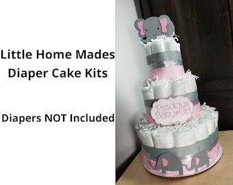 Elephant Diaper Cake Kit for Pink Baby Shower / Pink and Silver / Baby Girl DIY elephant ribbon and cutouts kit - Diapers Not Included