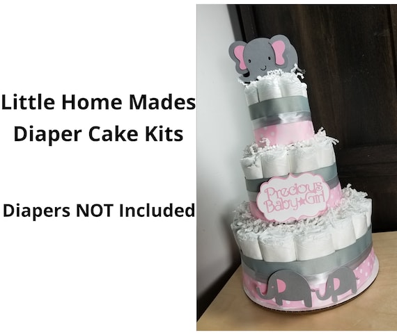 Elephant Diaper Cake Kit for Pink Baby Shower / Pink and Silver / Baby Girl DIY elephant ribbon and cutouts kit - Diapers Not Included