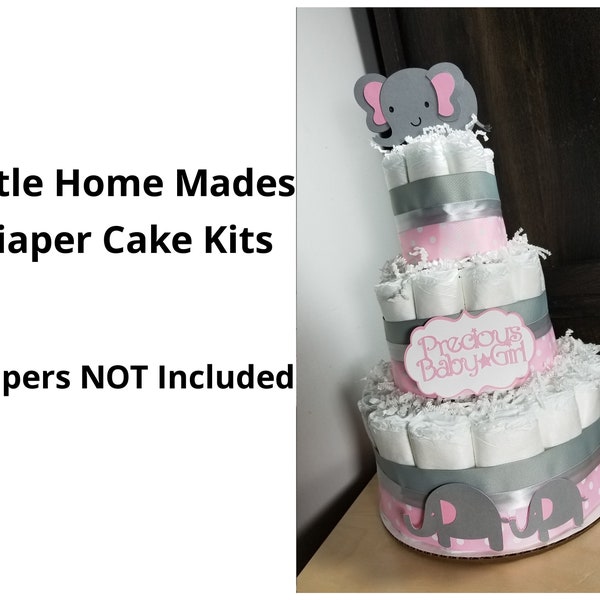 Elephant Diaper Cake Kit for Pink Baby Shower / Pink and Silver / Baby Girl DIY elephant ribbon and cutouts kit - Diapers Not Included