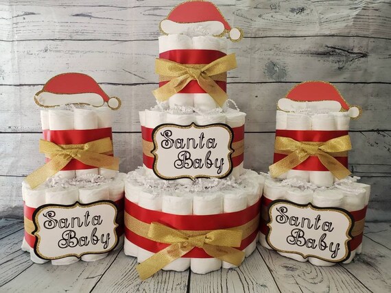 3 Tier Diaper Cake 3 piece set w 2 tiers Santa Baby Theme Red and Gold and Red and White Winter Theme Christmas Xmas Baby Shower Centerpiece