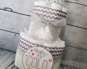 2 Tier Diaper Cake - Baby it's Cold Outside Theme Silver Snowflakes - Winter Theme Baby Shower Centerpiece Red Blue Pink Options