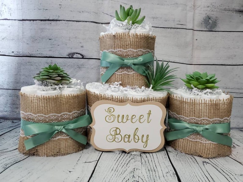 2 Tier Diaper Cake and mini 3 piece set Succulent theme Eucalyptus Green with Burlap Diaper Cake for Baby Shower / Neutral Shower image 1