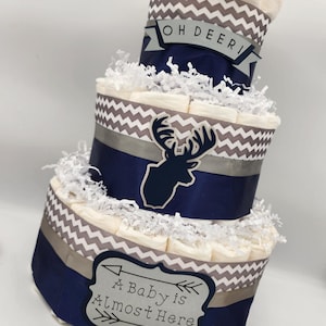 3 Tier Diaper Cake - Oh Deer Burlap Brown Red and Navy Blue Silver Diaper Cake for Baby Shower Centerpiece / Woodland Diaper Cake