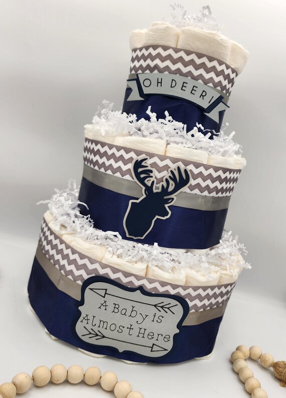 3 Tier Diaper Cake - Oh Deer Burlap Brown Red and Navy Blue Silver Diaper Cake for Baby Shower Centerpiece / Woodland Diaper Cake