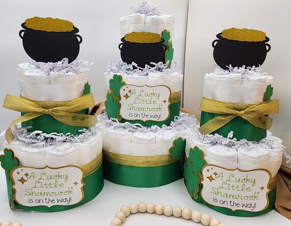 3 Tier Diaper Cake 3 piece set - A Lucky Little Shamrock is on the Way! Theme - Green and Gold Clovers Pot of Gold Baby Shower Centerpiece