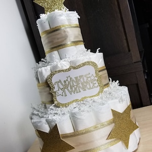 Twinkle Twinkle Gold and White Silver Neutral 3 Tier Diaper Cake Diaper Cake Baby Shower Diaper Cake Centerpiece Twinkle Diaper Cake Gold