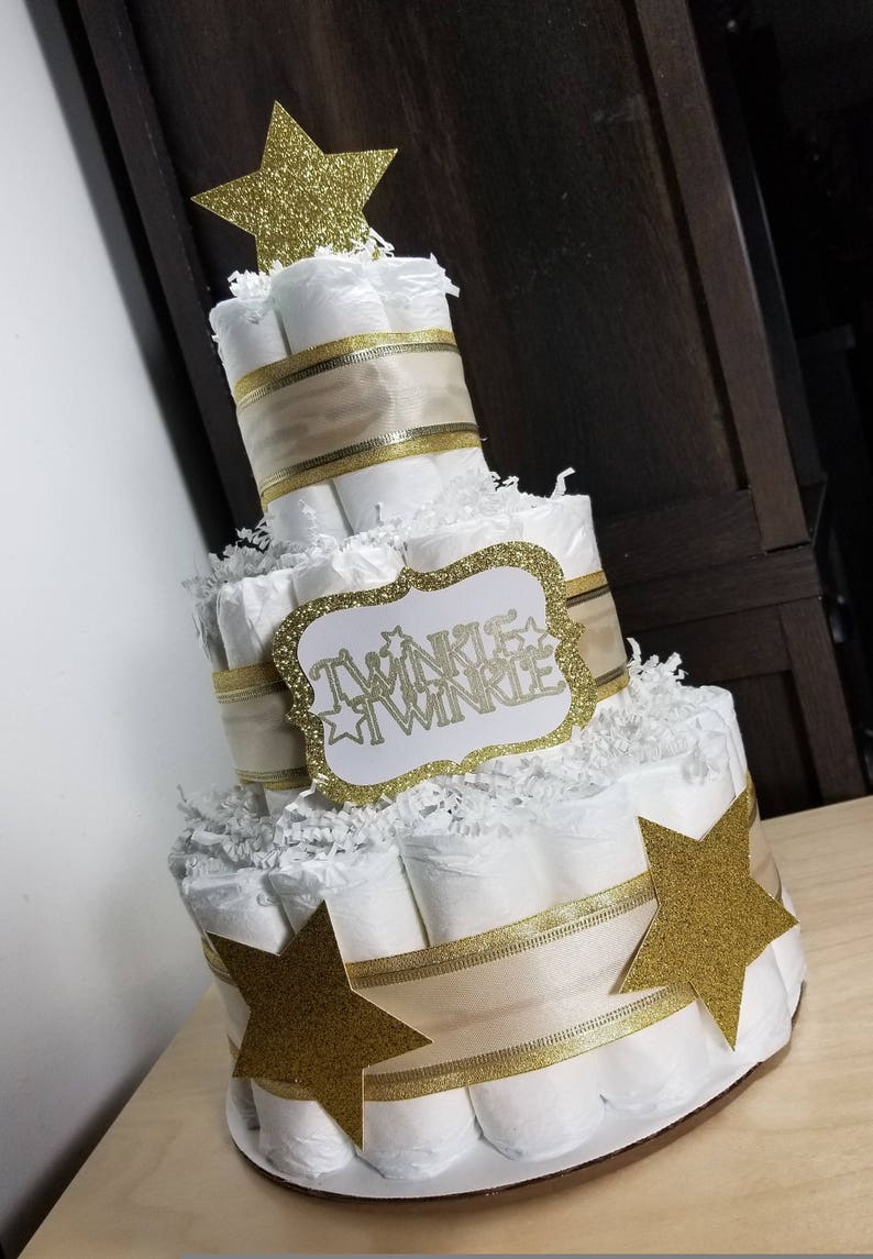 Twinkle Twinkle Gold and White Silver Neutral 3 Tier Diaper Cake Diaper Cake Baby Shower Diaper Cake Centerpiece Twinkle Diaper Cake Gold