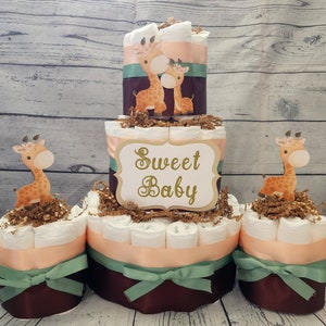 3 Tier Diaper Cake and mini 3 piece set - Giraffe with Peach Brown and Sage Green Diaper Cake for Baby Shower / Sweet Baby Neutral Shower