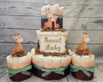 3 Tier Diaper Cake and mini 3 piece set - Giraffe with Peach Brown and Sage Green Diaper Cake for Baby Shower / Sweet Baby Neutral Shower