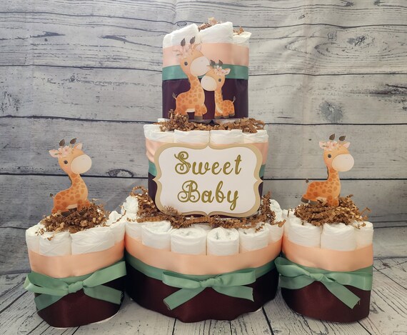 3 Tier Diaper Cake and mini 3 piece set - Giraffe with Peach Brown and Sage Green Diaper Cake for Baby Shower / Sweet Baby Neutral Shower
