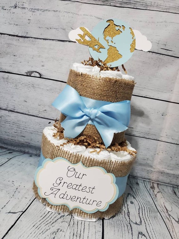 Our Greatest Adventure World Travel Theme - 2 Tier Diaper Cake - Blue and Brown Burlap Baby Shower Centerpiece