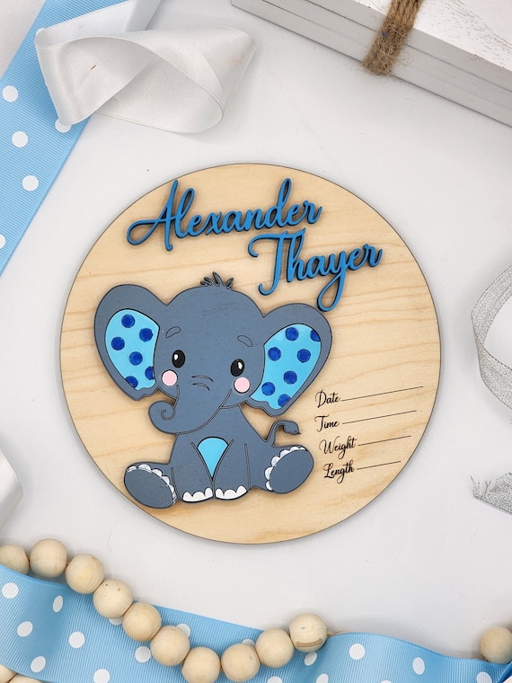 Elephant Custom Birth Annoucement Rounds INSERT ONLY 6" - Home Decor, Baby Shower sign, fits in Interchangable frame