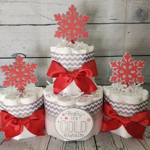 2 Tier Diaper Cake and mini 3 piece set Baby it's Cold Outside Theme Silver Snowflakes Red Blue Pink Winter Theme Baby Shower White/Red