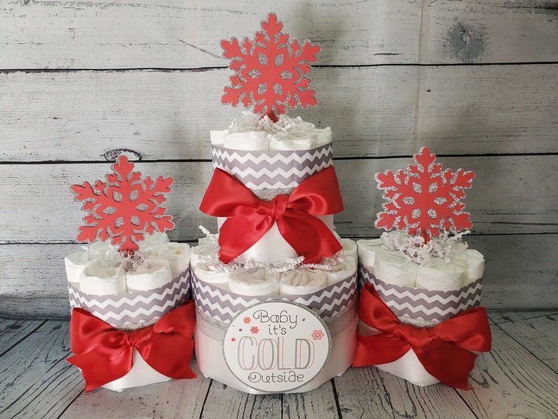 2 Tier Diaper Cake and mini 3 piece set Baby it's Cold Outside Theme Silver Snowflakes Red Blue Pink Winter Theme Baby Shower White/Red