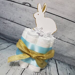 Mini Diaper Cake Some Bunny Sweet is on their way Theme - Blue White and Gold Bunny Baby Shower Centerpiece and Pink Brown
