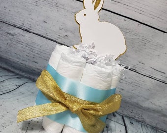 Mini Diaper Cake Some Bunny Sweet is on their way Theme - Blue White and Gold Bunny Baby Shower Centerpiece and Pink Brown