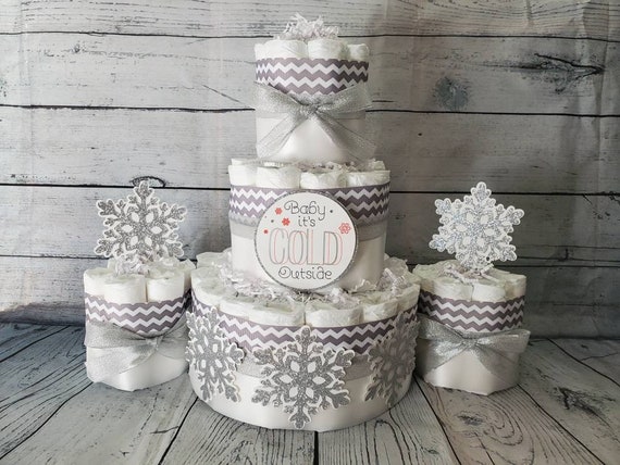 3 Tier Diaper Cake and mini 3 piece set - Baby it's Cold Outside Theme Silver Snowflakes Pink Blue- Winter Theme Baby Shower