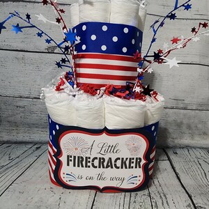 3 Tier Diaper Cake 3 piece set Red White Blue Firecracker theme Diaper Cake for Baby Shower / 4th of July Shower Centerpiece Stars Stripes image 5