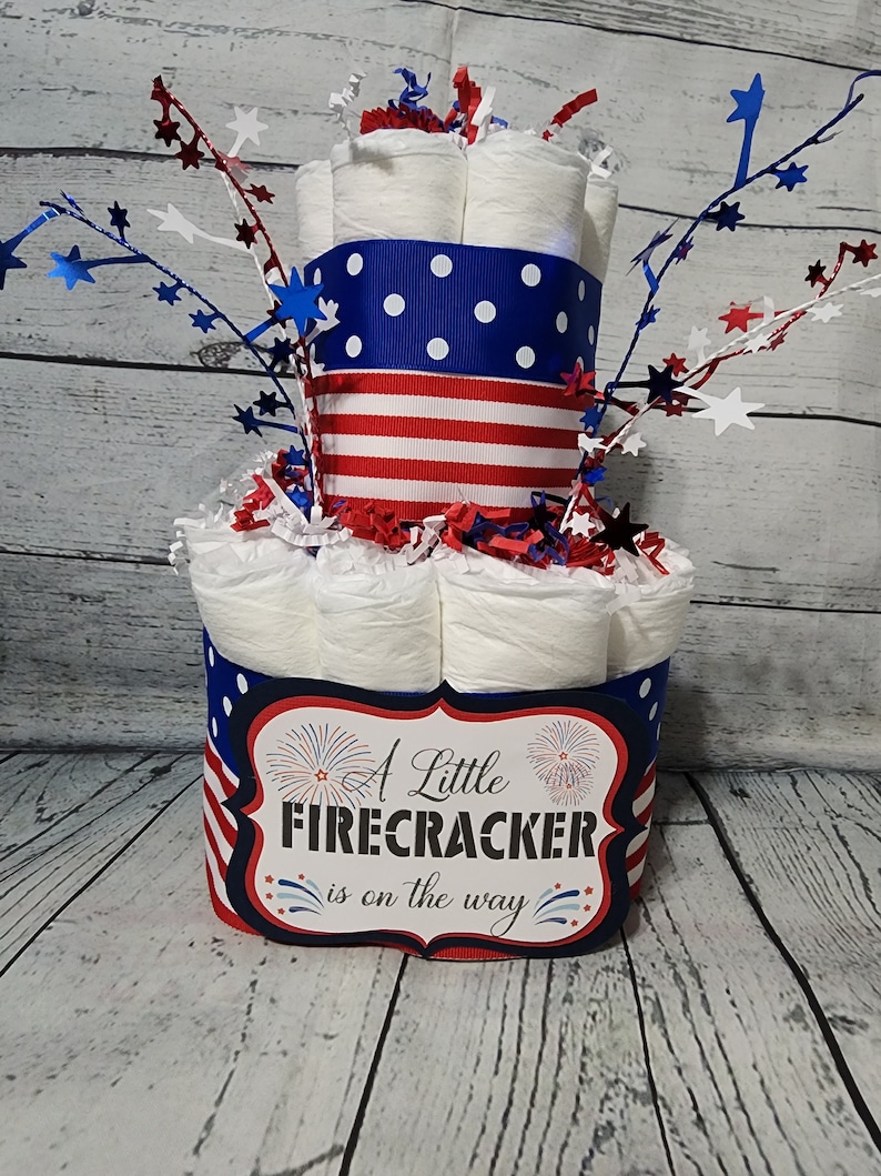 3 Tier Diaper Cake 3 piece set Red White Blue Firecracker theme Diaper Cake for Baby Shower / 4th of July Shower Centerpiece Stars Stripes image 5