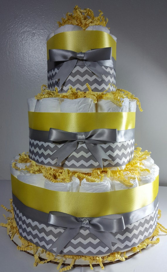 3 Tier Diaper Cake - Yellow Silver/White Chevron - Neutral/Surprise Baby Shower Centerpiece - Pink Blue and Red Ribbon Options Classic Baby