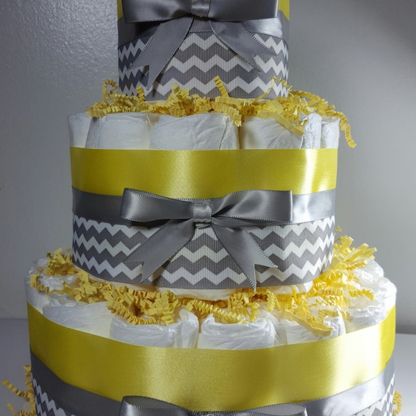 3 Tier Diaper Cake - Yellow Silver/White Chevron - Neutral/Surprise Baby Shower Centerpiece - Pink Blue and Red Ribbon Options Classic Baby