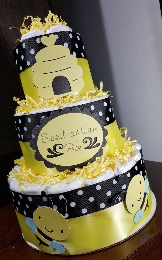 3 Tier Diaper Cake - Sweet as Can Bee Bumble Bee Theme Diaper Cake - Baby Shower Centerpiece / Bee Diaper Cake / Bumble Bee Baby Shower
