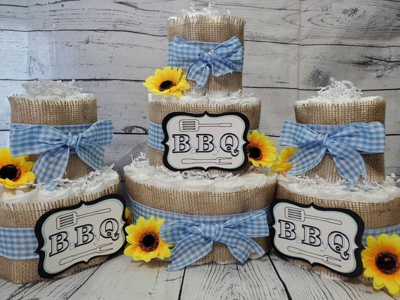 3 Tier Diaper Cake 3 piece set - BBQ Baby Q Diaper Cake - Burlap and Blue Red Pink Yellow Checker Diaper Cake Fall Theme Baby Shower