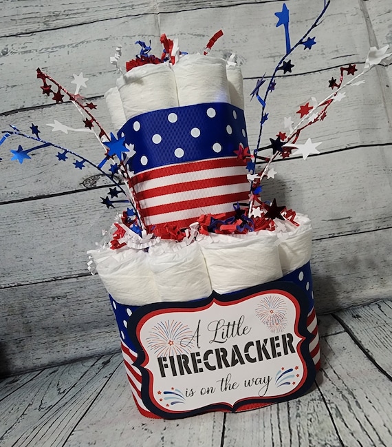 2 Tier Diaper Cake - Red White Blue Firecracker theme Diaper Cake for Baby Shower/4th of July Shower Centerpiece Stars Stripes American Flag