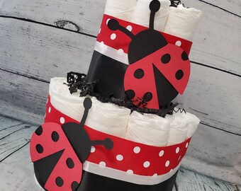 2 Tier Diaper Cake - Red and Black Lady Bug Theme Diaper Cake - Neutral Baby Shower Centerpiece