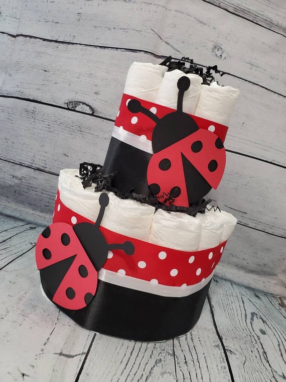 2 Tier Diaper Cake - Red and Black Lady Bug Theme Diaper Cake - Neutral Baby Shower Centerpiece