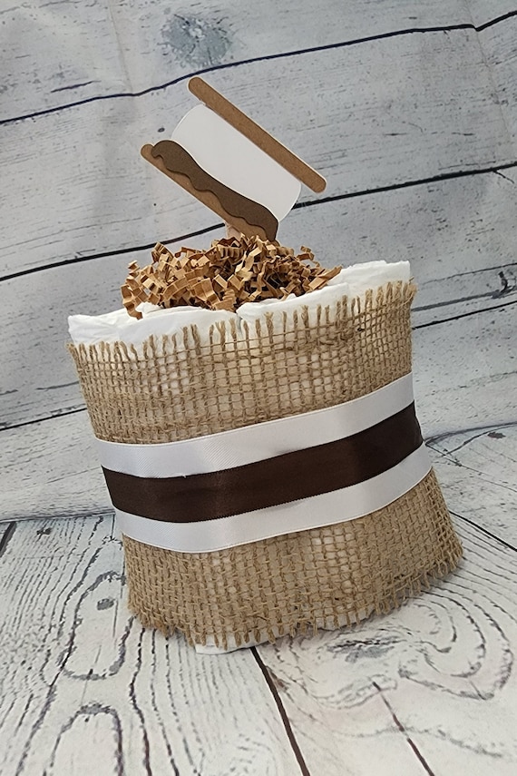 Mini Diaper Cake S'More Love Theme - Chocolate Brown Marshmallow Smore with Burlap Campfire Baby Shower Centerpiece
