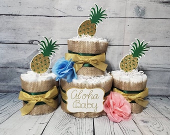 2 Tier Diaper Cake and mini 3 piece set - Aloha Baby Hawaiian Theme Burlap and Pineapple Green and Gold Baby Shower Centerpiece