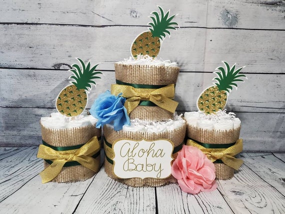 2 Tier Diaper Cake and mini 3 piece set - Aloha Baby Hawaiian Theme Burlap and Pineapple Green and Gold Baby Shower Centerpiece